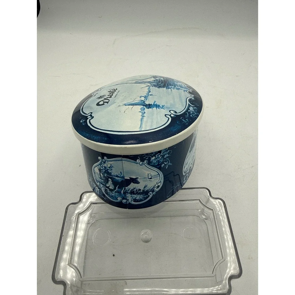 Droste Haarlem Holland Vintage Oval Metal Tin Blue White Nautical Sailing Ship